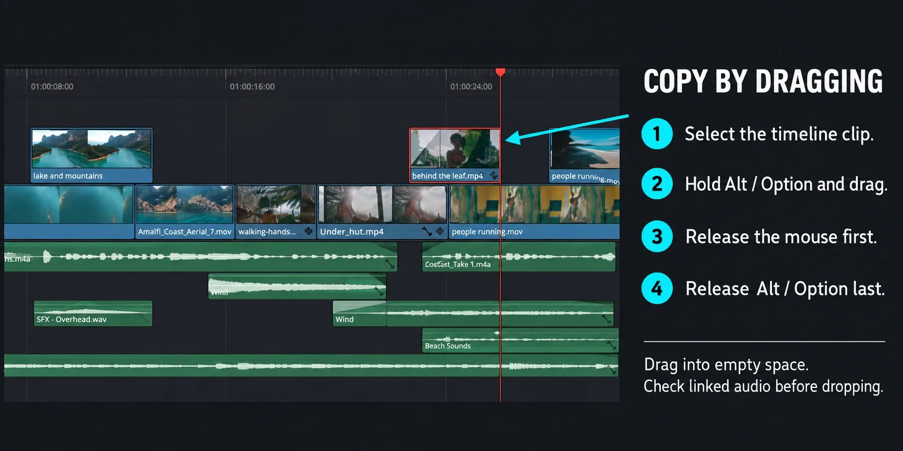 Selected timeline clip with Alt or Option drag steps and mouse-before-key release order
