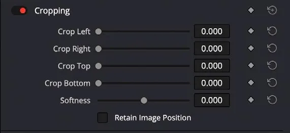 Resolve Video Inspector Crop Left, Right, Top, Bottom and Softness controls