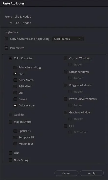 Color page Paste Attributes controls for node palettes, windows and keyframes
