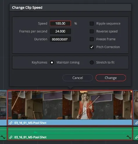 Change Clip Speed dialog with duration, ripple and pitch controls