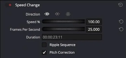 Video Inspector Speed Change settings including duration and Pitch Correction