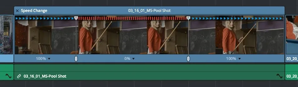 Retime Controls with a freeze-frame range between two speed points