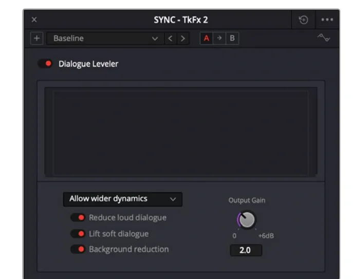 Dialogue Leveler track plugin with processing waveform, preset and three switches
