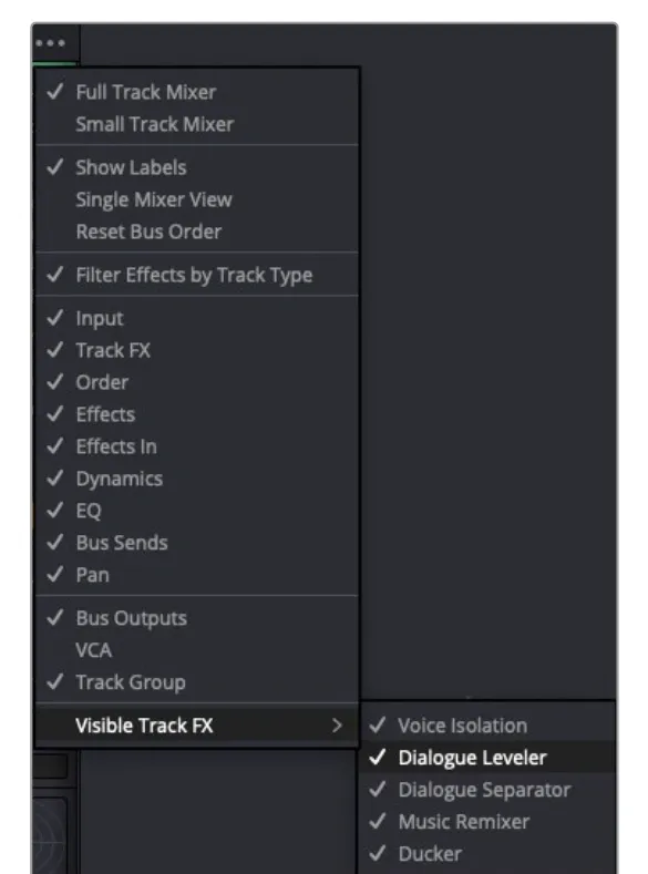 Fairlight Mixer menu with Track FX and Visible Track FX controls