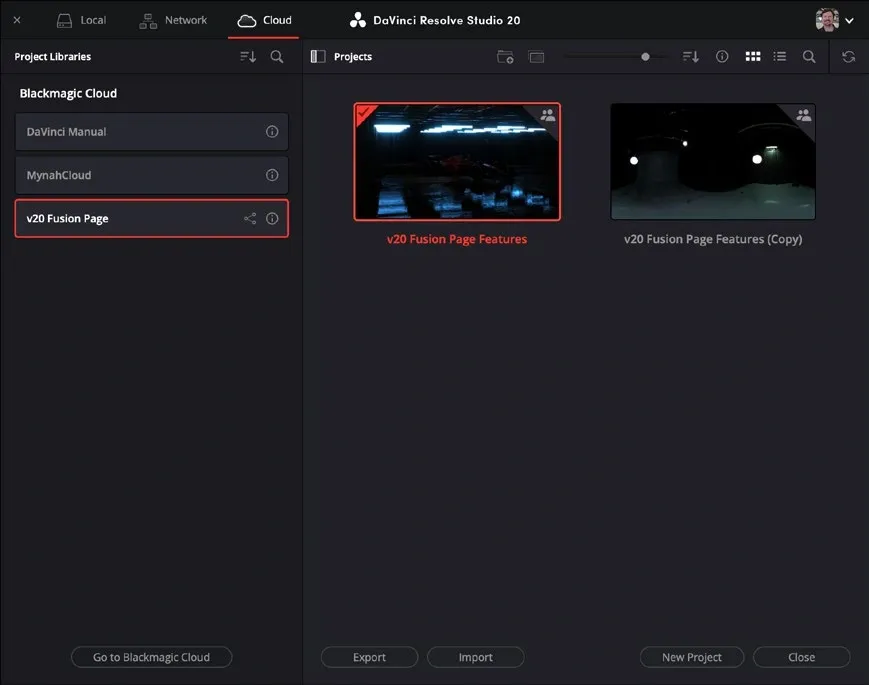Cloud Project Manager showing cloud libraries and project thumbnails