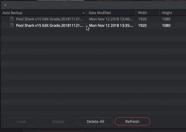 Project Backups window listing dated recovery points and the Load control