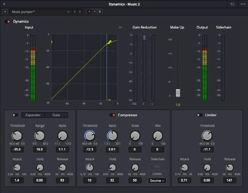Fairlight Dynamics window with separate Expander/Gate, Compressor and Limiter modules
