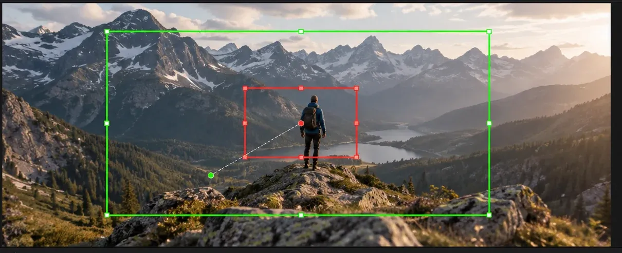 DaVinci Resolve Dynamic Zoom Viewer with a large green start frame and smaller red end frame around a mountain hiker