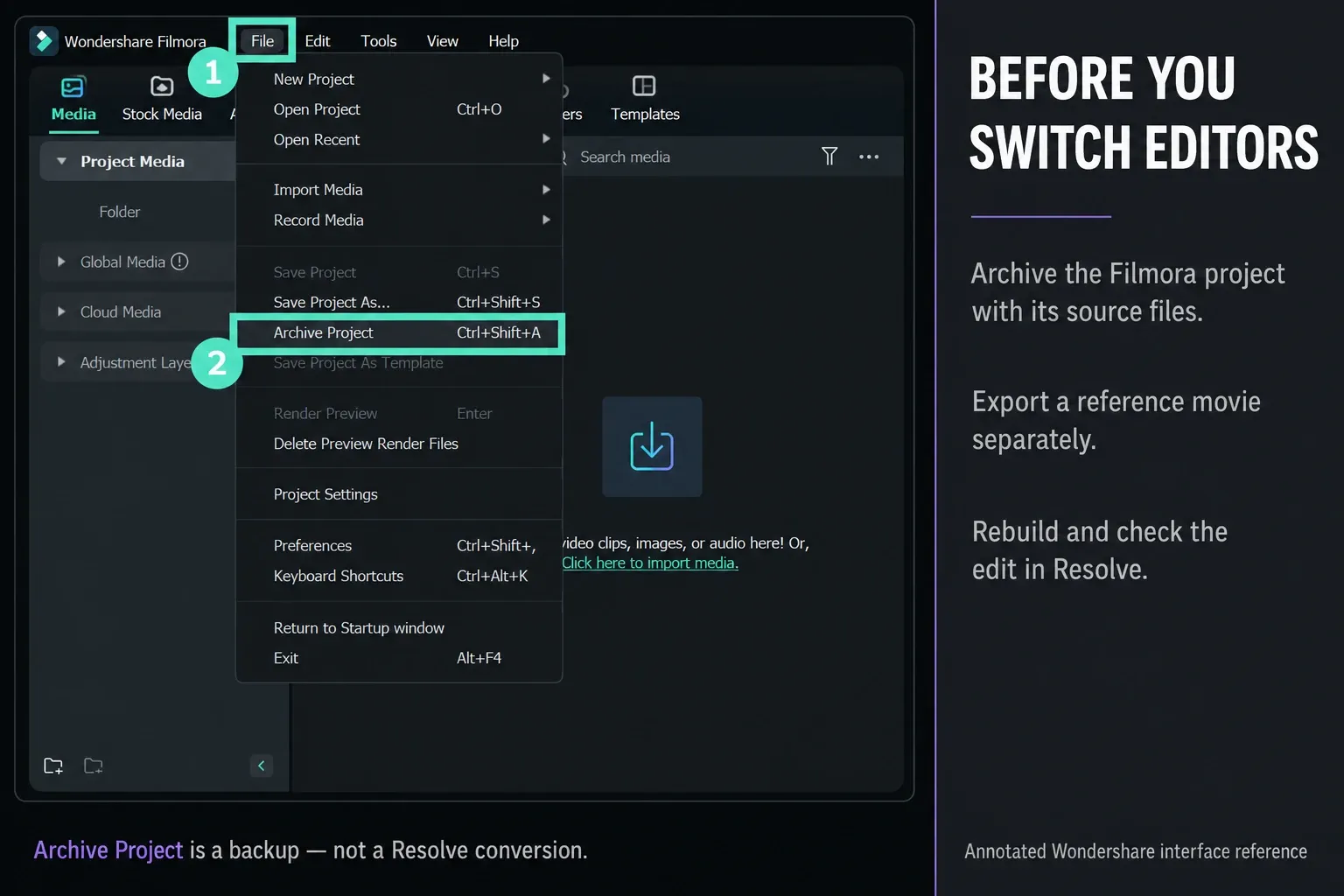 Filmora File menu with Archive Project for preserving the project and source media