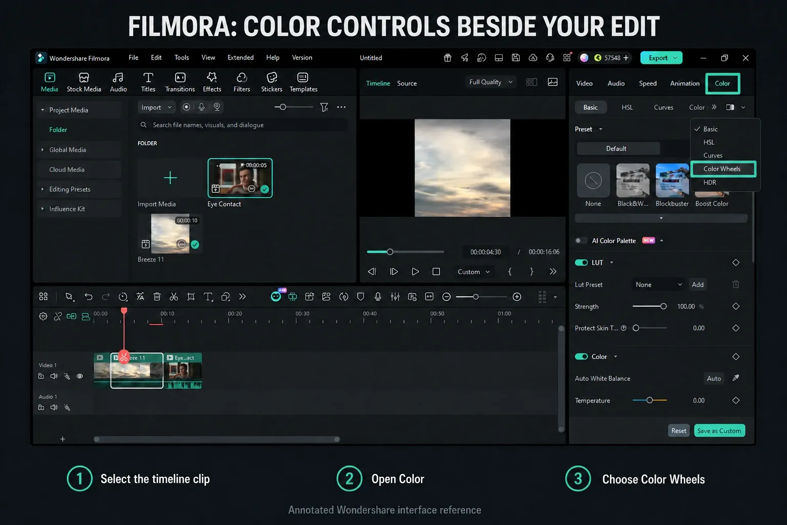 Filmora timeline selection and Color menu leading to Color Wheels