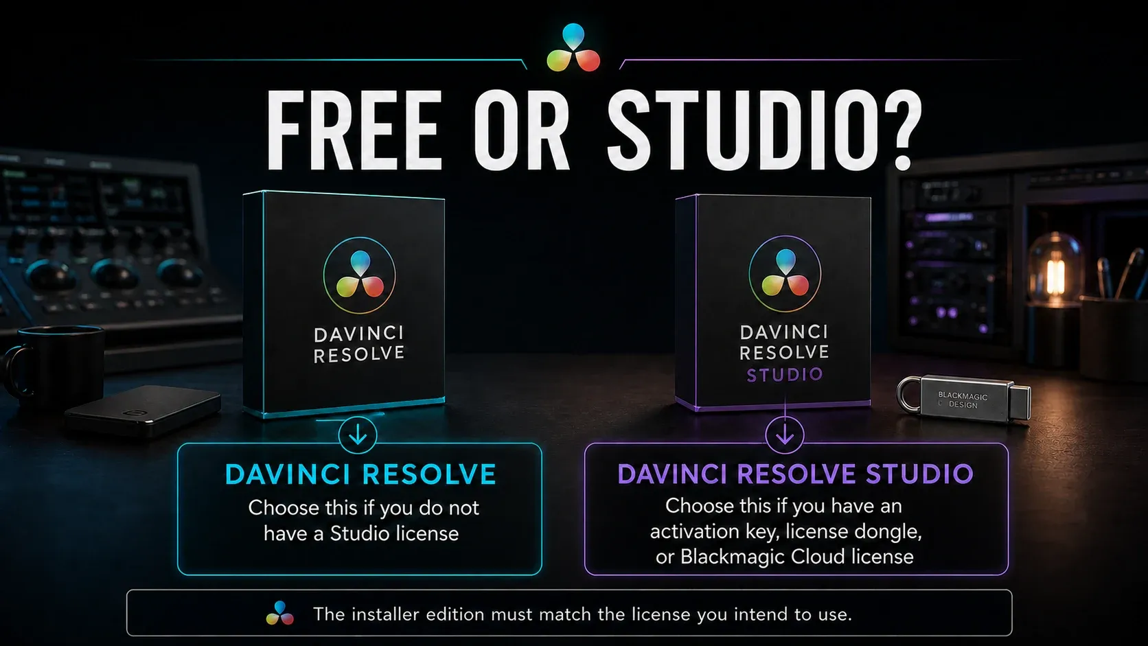 Free and Studio installer decision based on the DaVinci Resolve license you intend to use