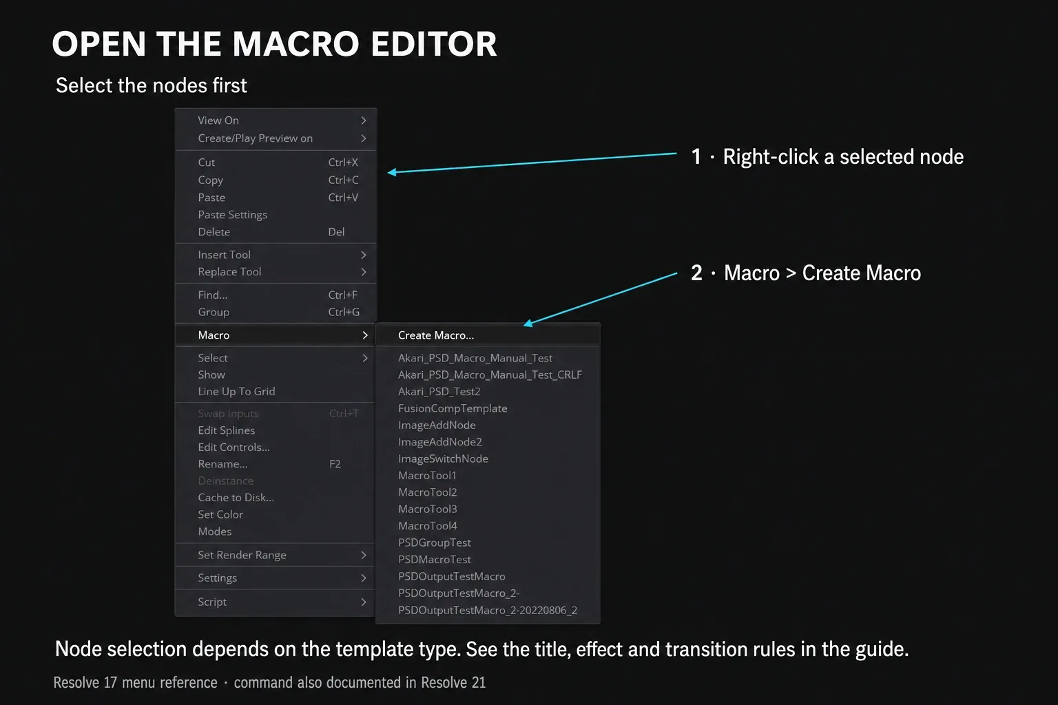 Fusion node context menu identifying Macro and Create Macro after selecting nodes