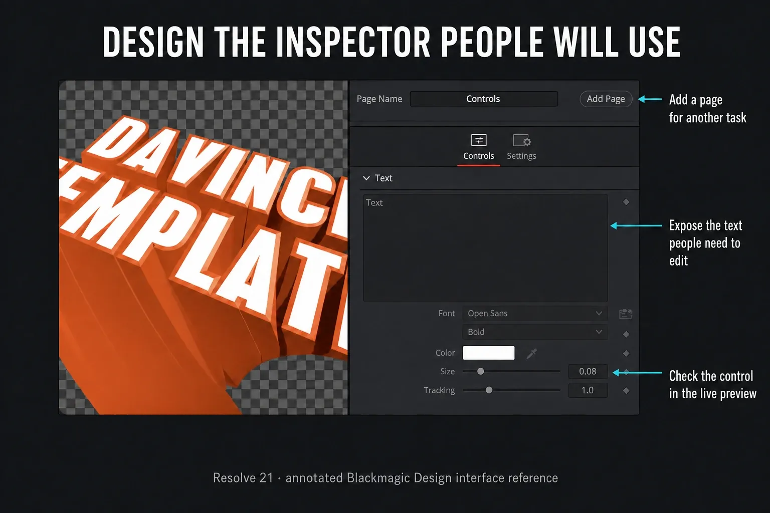 Resolve 21 Macro Editor Inspector Preview with Add Page, text input and size controls annotated