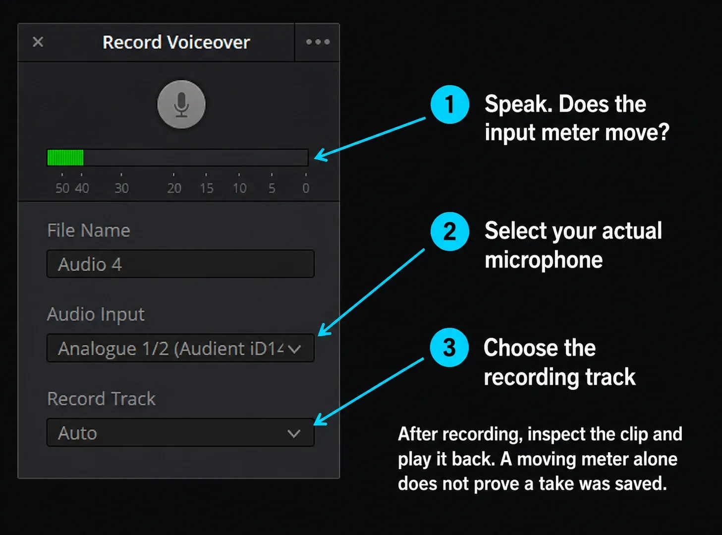 Edit-page Record Voiceover input meter, microphone selector and destination track in DaVinci Resolve