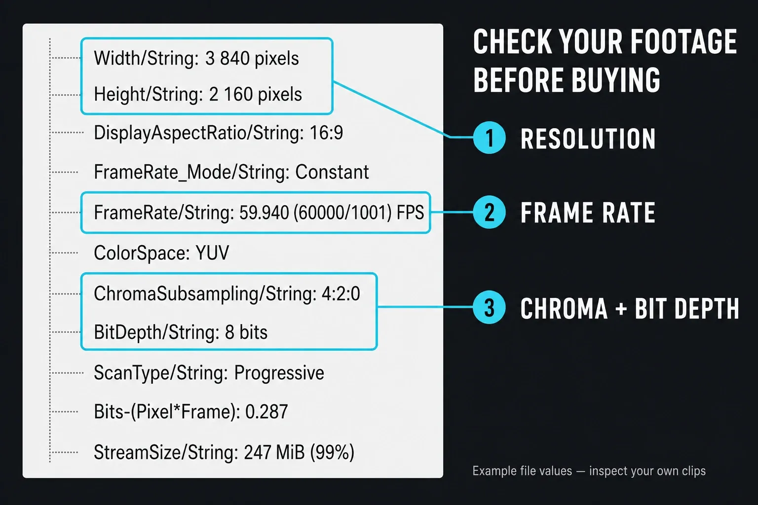 MediaInfo resolution, frame rate, chroma subsampling and bit depth for checking laptop editing needs