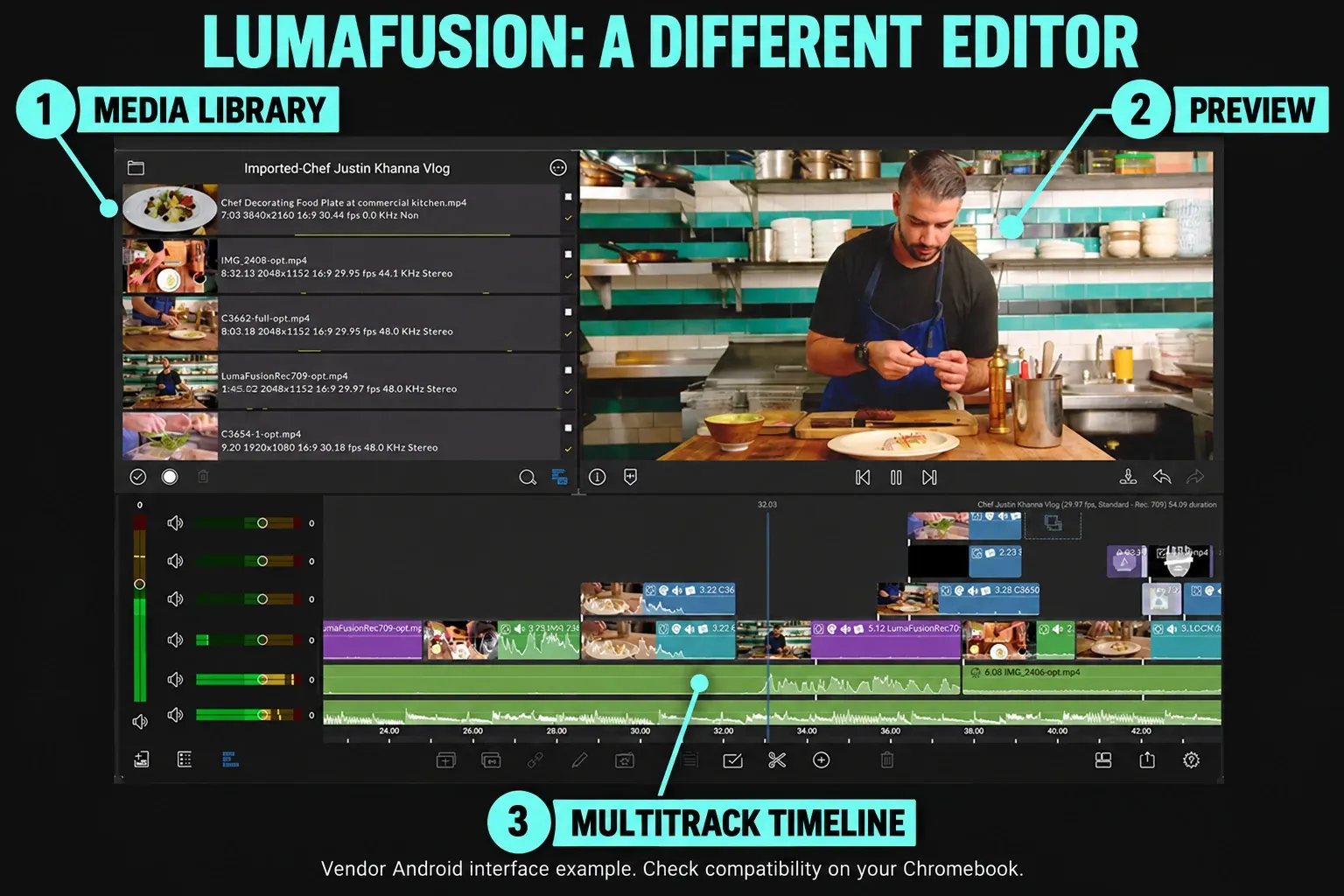 LumaFusion media library, preview and multitrack timeline identified in the Android interface