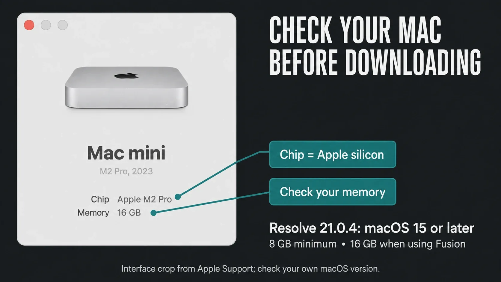 About This Mac Chip and Memory fields used to check an Apple silicon Mac before downloading Resolve