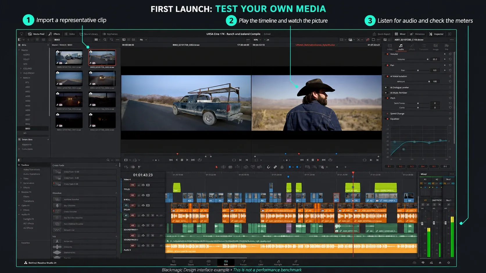 Resolve 21 Media Pool, timeline viewer and audio meters for checking media after Mac installation