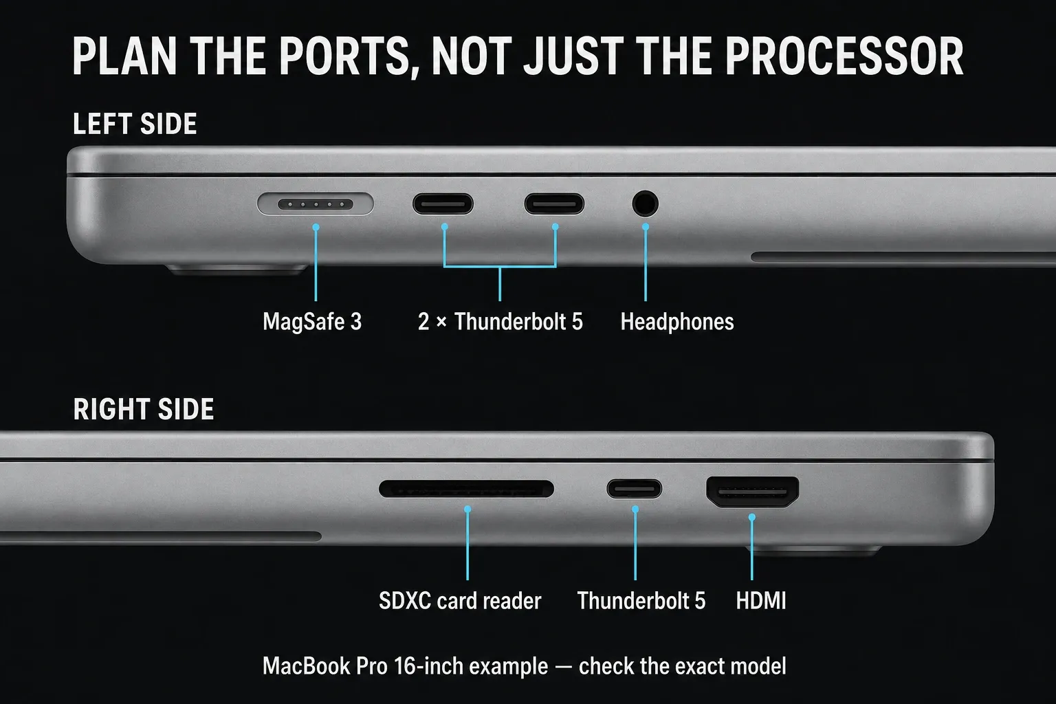 MacBook Pro 16-inch MagSafe, three Thunderbolt 5 ports, headphones, SDXC reader and HDMI