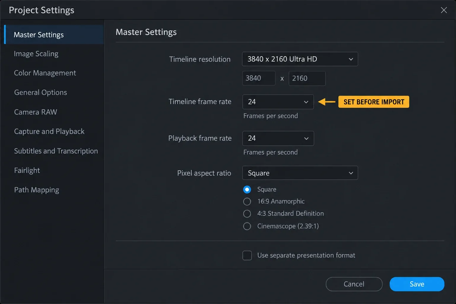 DaVinci Resolve Master Settings showing timeline resolution and frame rate