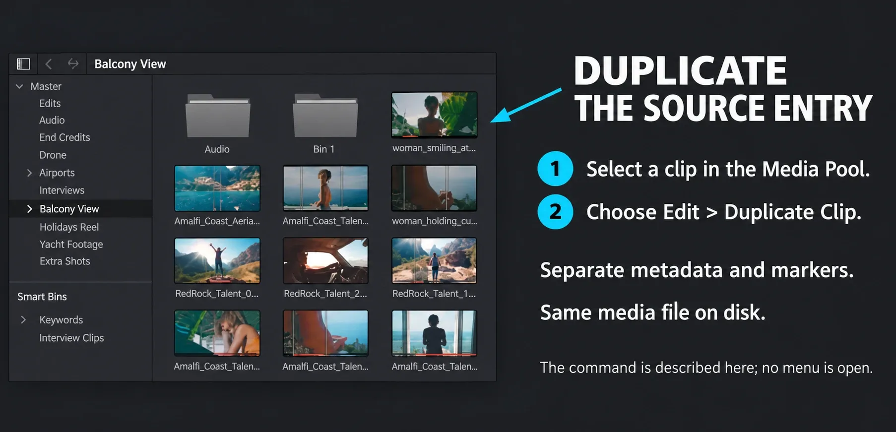 Media Pool clip selection and Duplicate Clip command for a separate project source entry