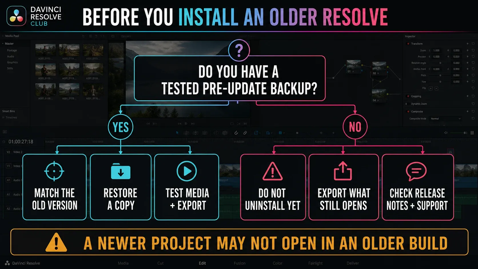 DaVinci Resolve older version decision tree based on a tested pre-update project backup