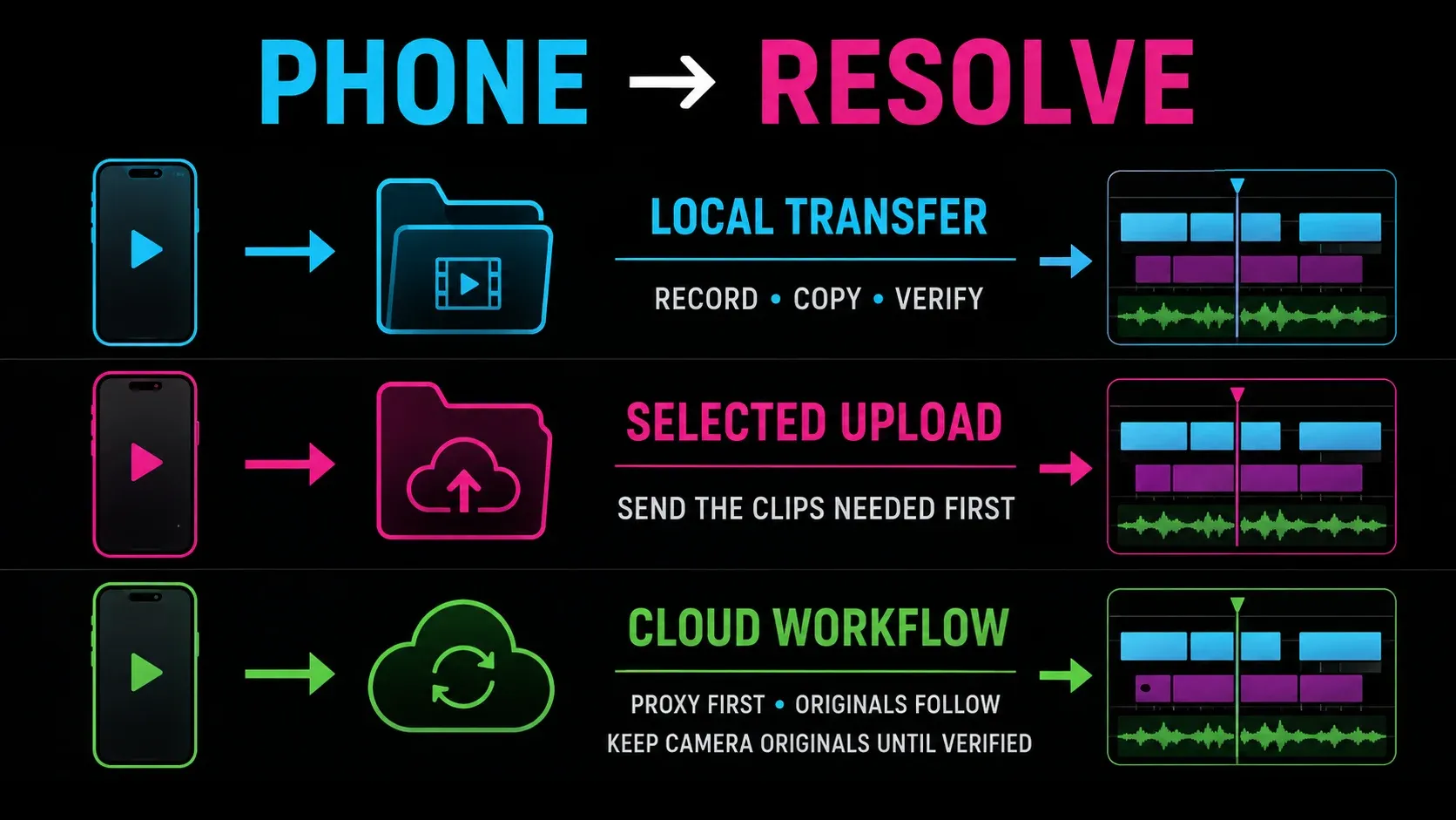 Phone to DaVinci Resolve workflow comparing local transfer selected upload and Blackmagic Cloud sync