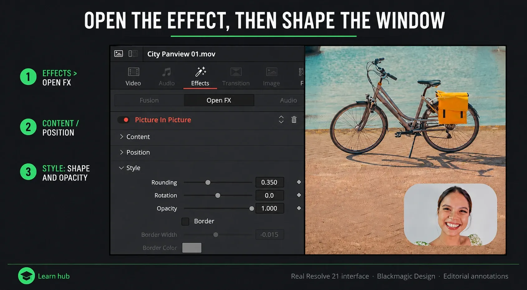 Resolve 21 Effects and Open FX tabs with Picture in Picture Content, Position and Style controls