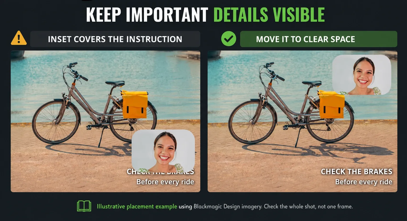 Presenter inset covering an instruction compared with placement that leaves the instruction readable