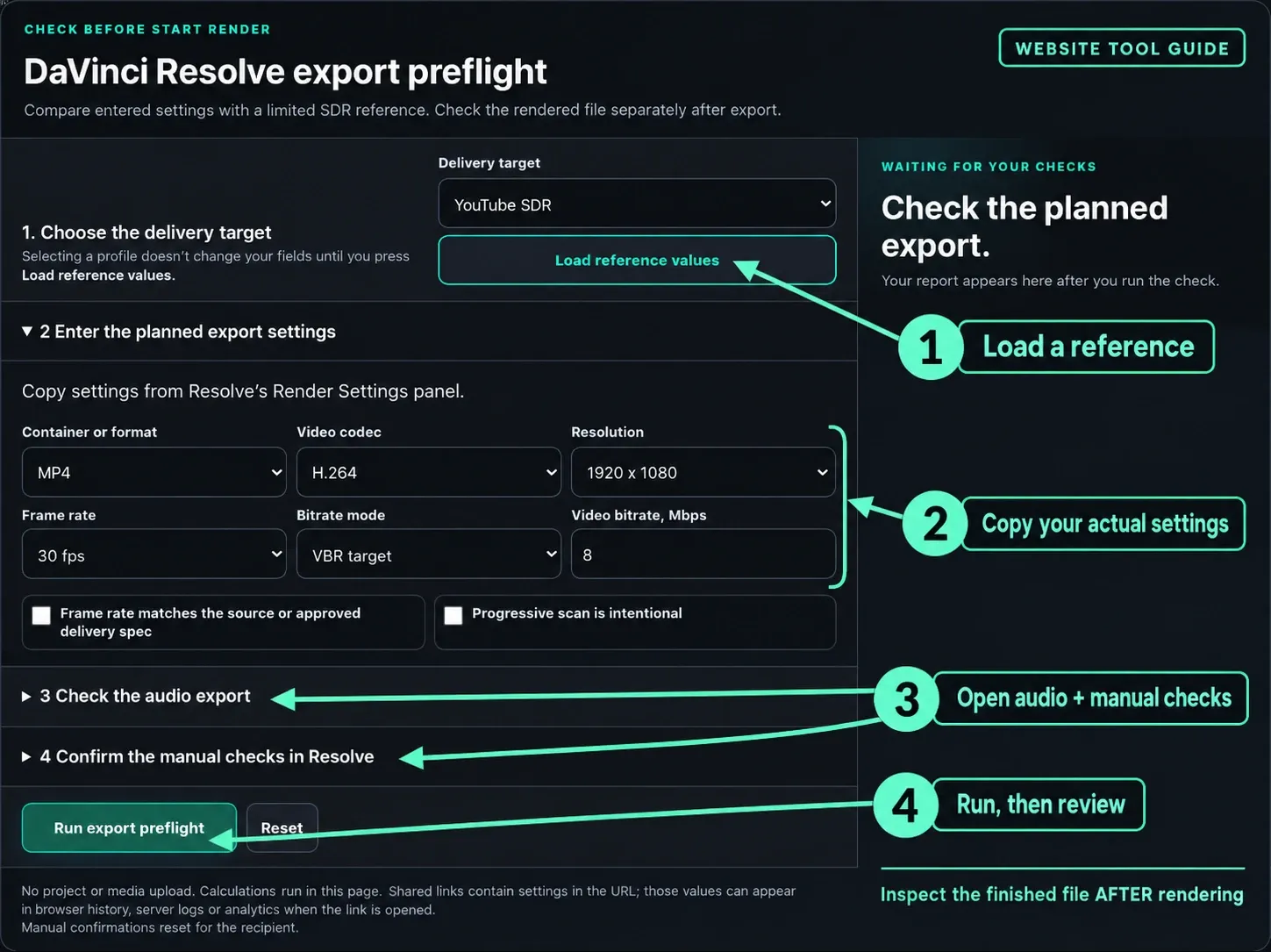 DaVinci Resolve Club export checker with reference values, settings and manual-check sections annotated