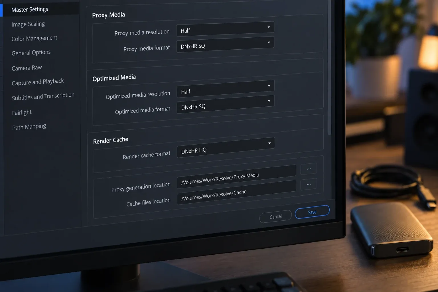 Project Settings showing Proxy Media, Optimized Media and Render Cache options
