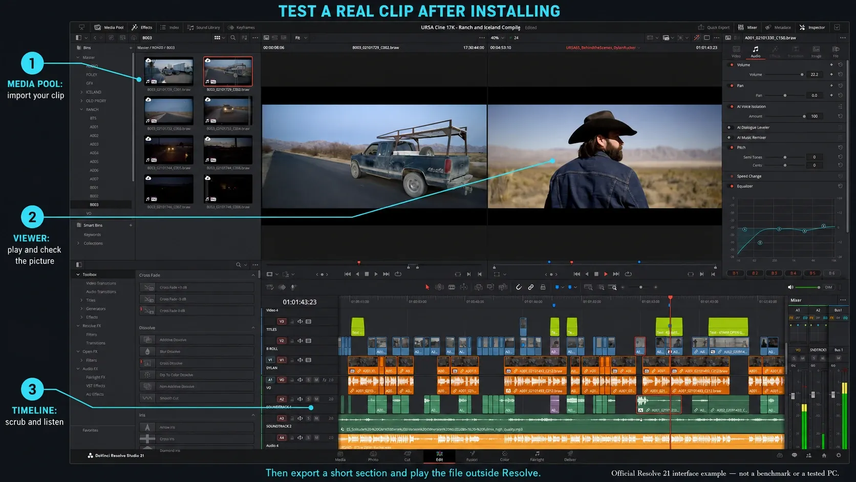 Resolve 21 Media Pool, timeline viewer and timeline to check a clip after Windows installation