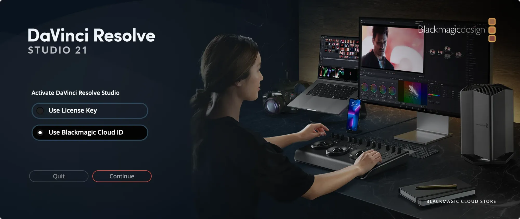 Official DaVinci Resolve Studio 21 activation screen with License Key and Blackmagic Cloud ID choices