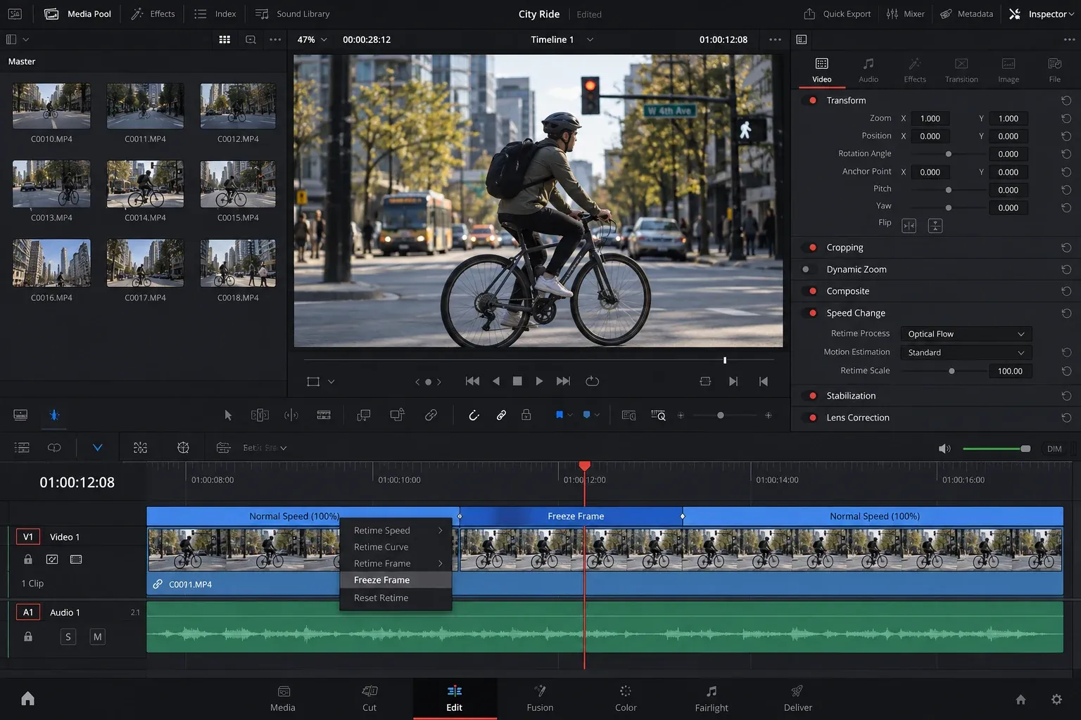 Interface showing Retime Controls with a Freeze Frame section between two moving sections