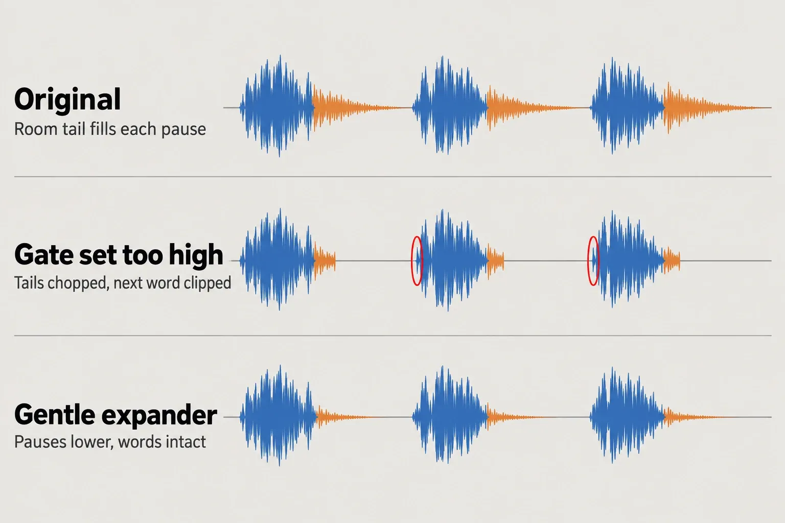 Three waveform rows of the same dialogue: the original has a room tail in every pause; a gate set too high chops the tails and clips the start of the next words; a gentle expander lowers the tails and leaves the words intact