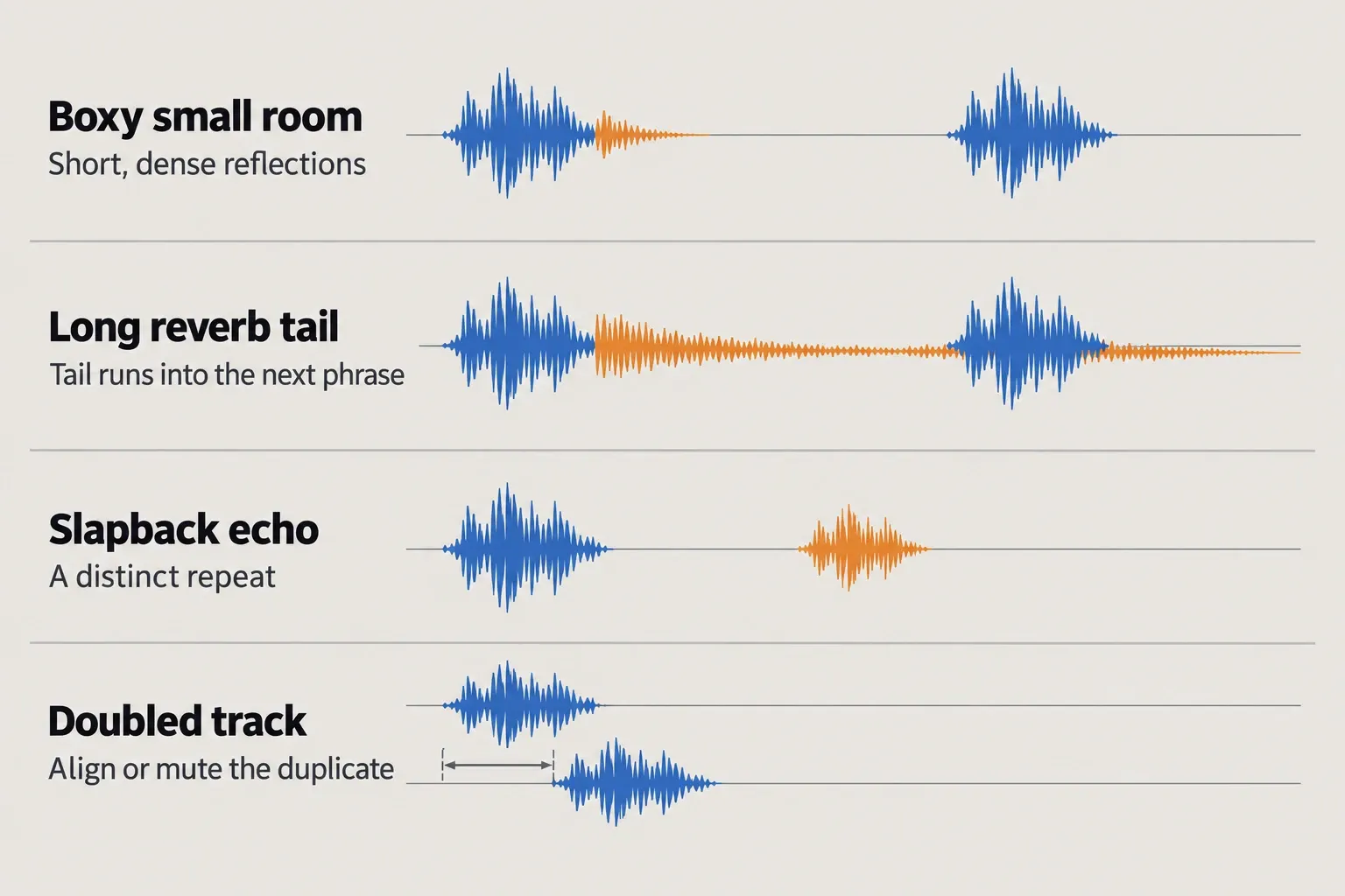 Four waveform rows: a boxy small room adds a short dense tail after each word; a long reverb tail runs under the next phrase; a slapback echo repeats the word after a gap; a doubled track shows the same word on a second lane, offset in time
