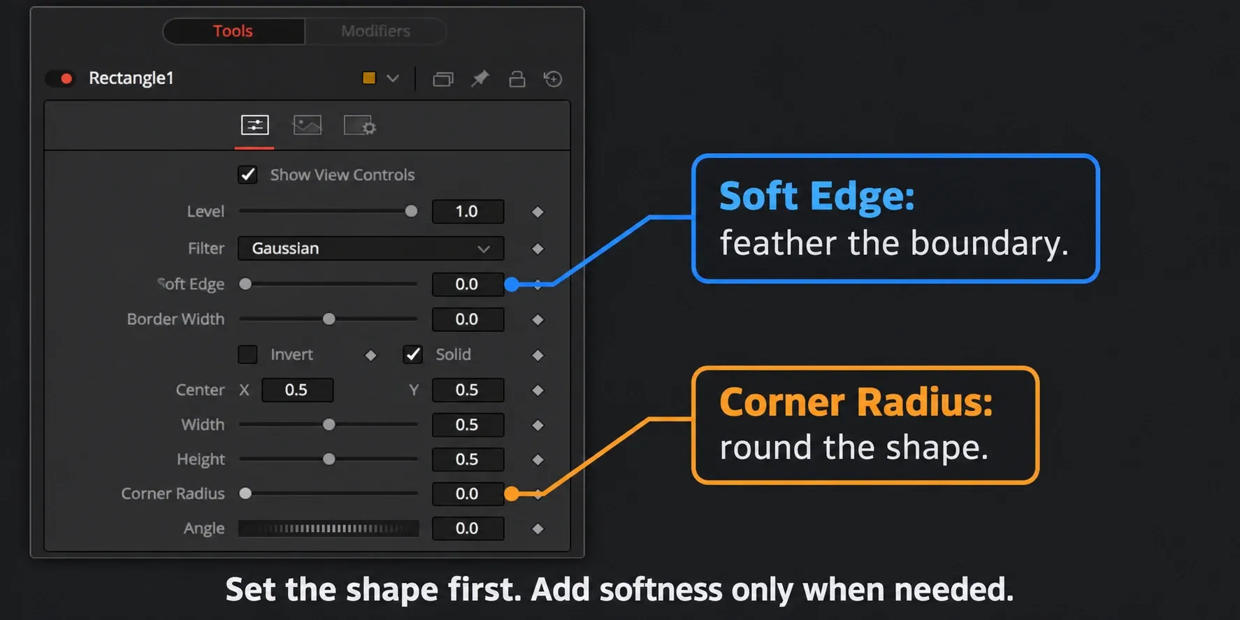 DaVinci Resolve Rectangle Inspector with separate Corner Radius and Soft Edge controls