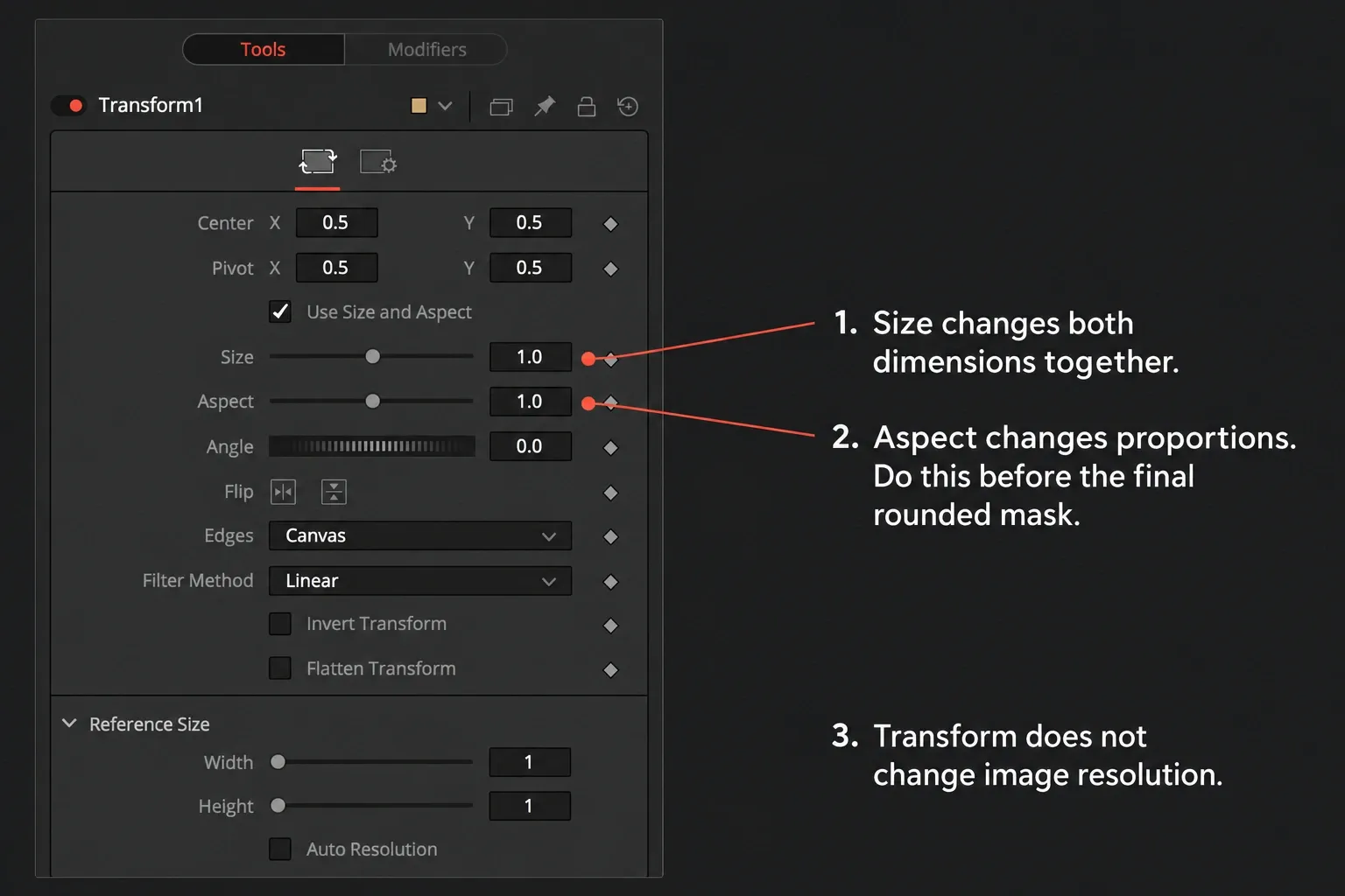 Fusion Transform Inspector with Size and Aspect controls for proportional and non-uniform scaling
