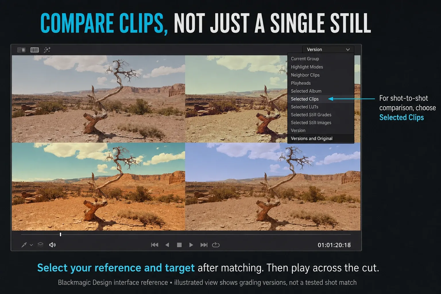 Resolve Split Screen menu identifying Selected Clips for reference-and-target comparison