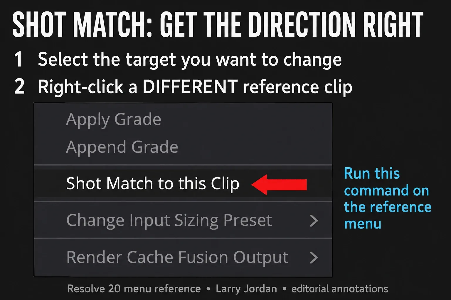 Shot Match context menu with instructions to select the target then right-click a different reference clip