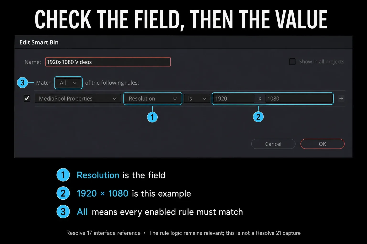 Edit Smart Bin dialog highlighting Resolution, 1920 by 1080 values and Match All