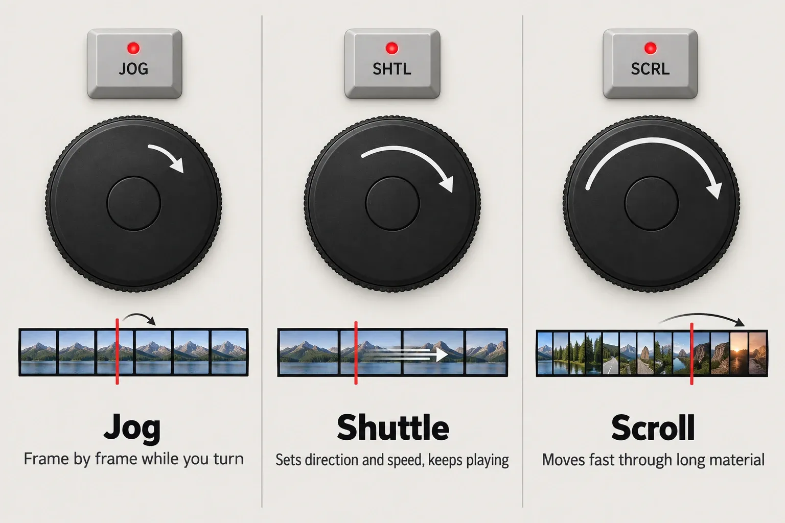 Speed Editor search dial in Jog, Shuttle and Scroll modes, showing frame-by-frame movement, continuous playback and fast movement across many clips