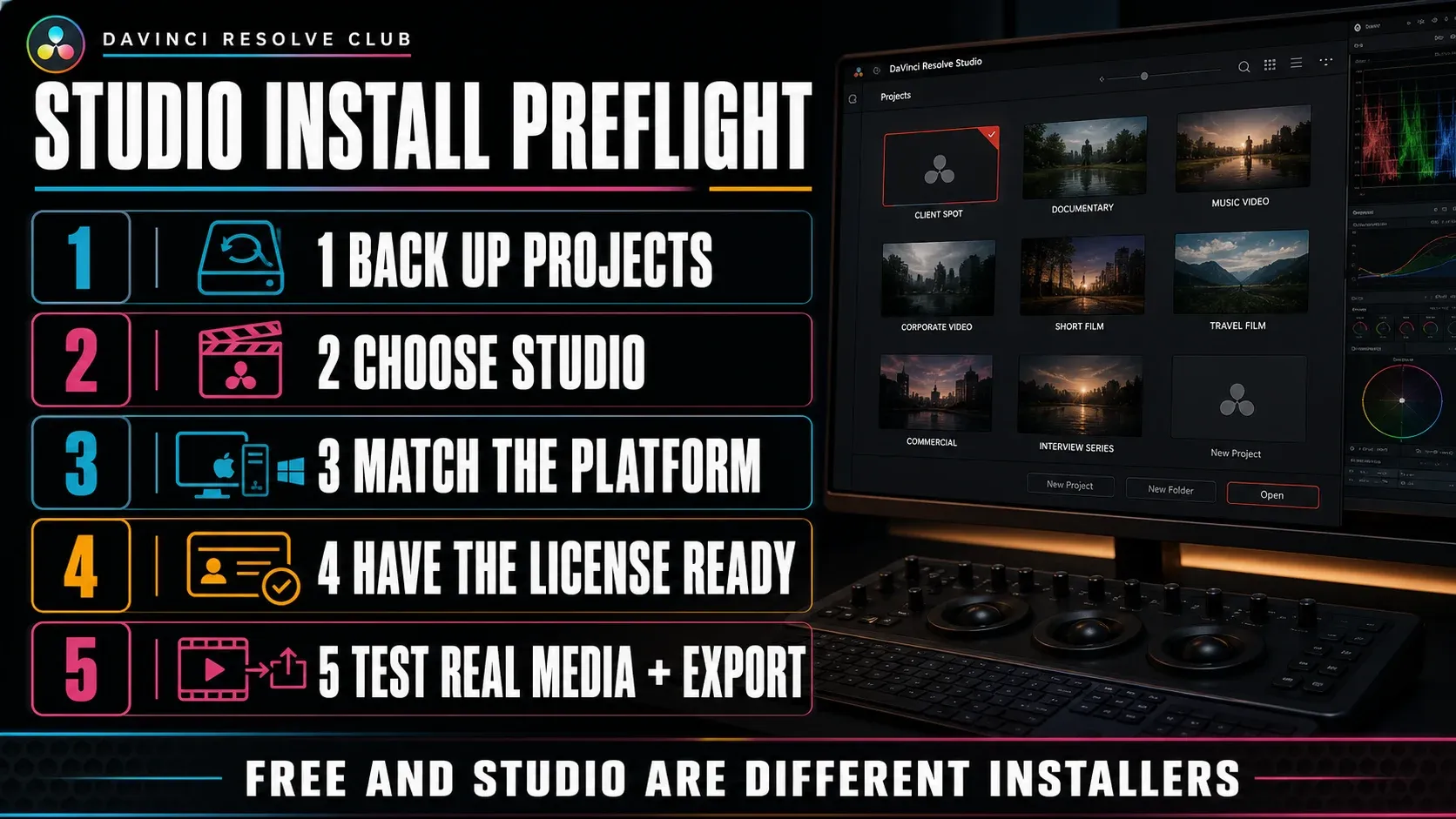 DaVinci Resolve Studio installation preflight for project backup platform licence and export test