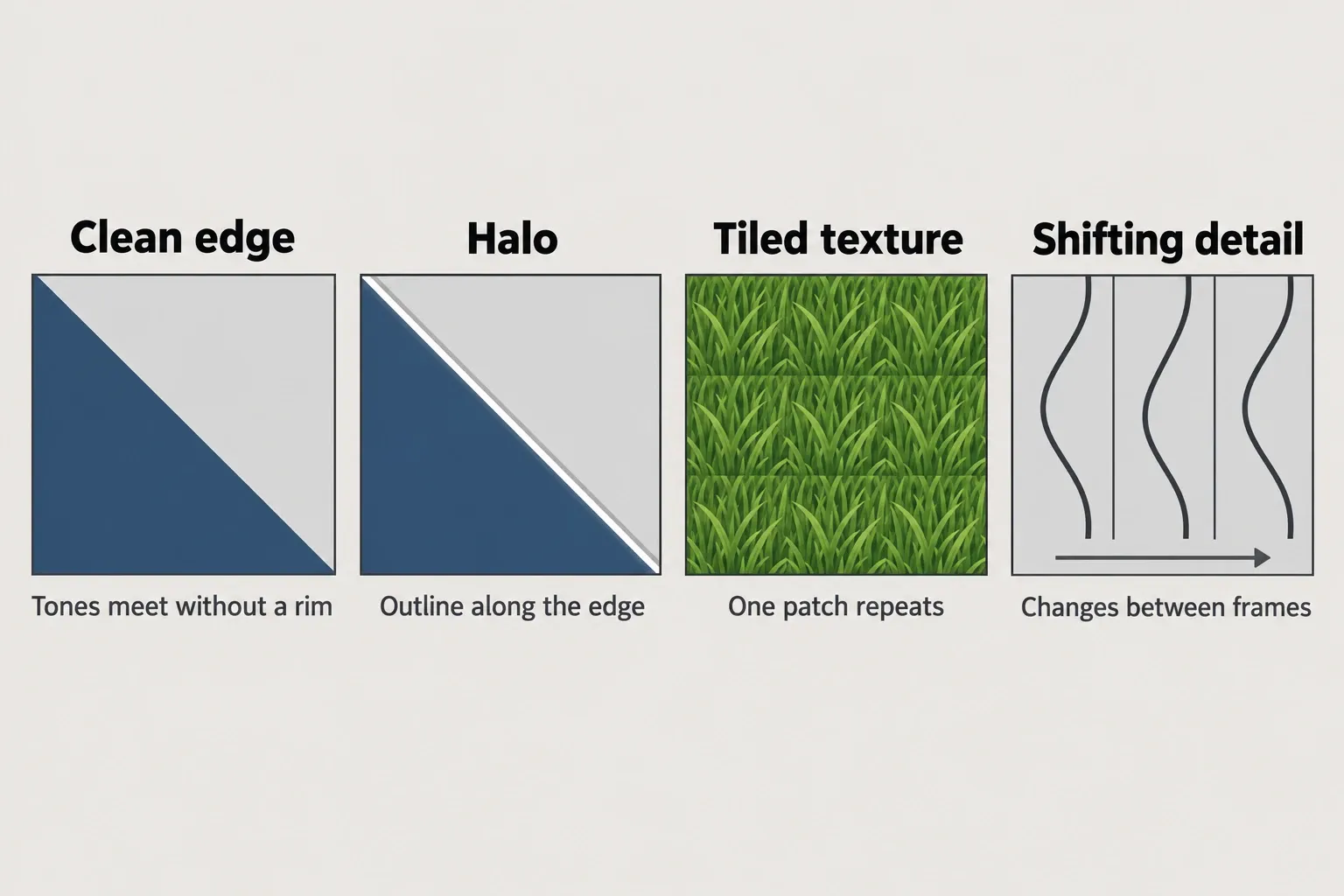 Four magnified tiles to compare at 100% zoom: a clean edge, a bright halo rim along a high-contrast edge, grass texture where one patch repeats in a grid, and a thin line that changes shape across three frames