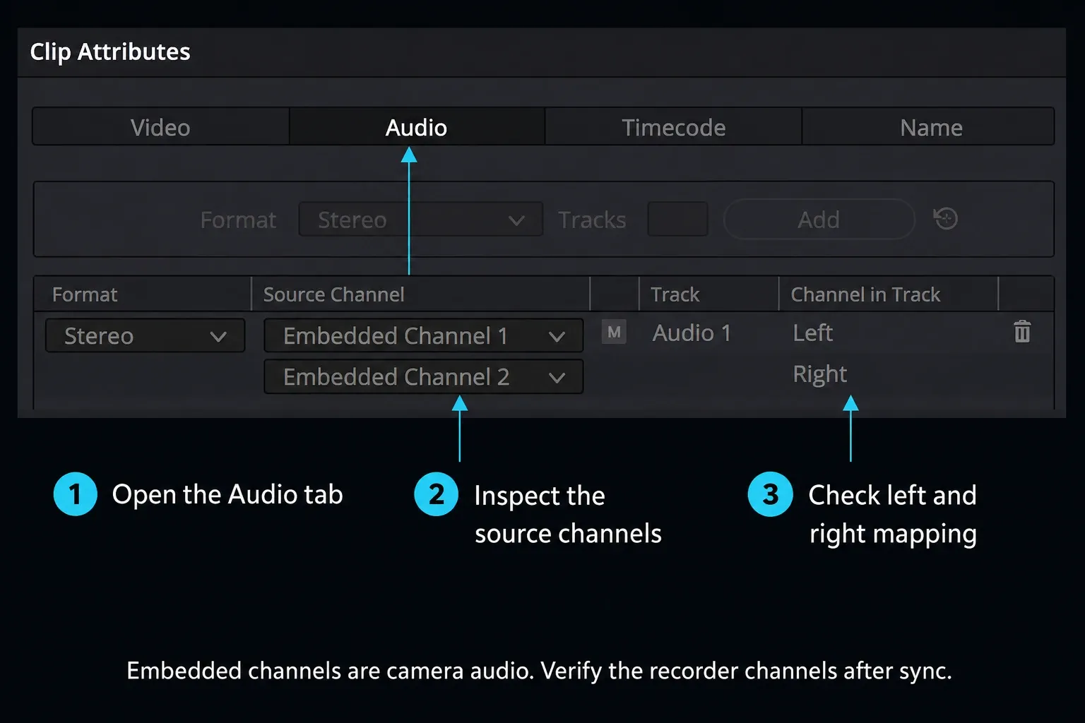 Resolve Clip Attributes Audio tab with source channels mapped to the left and right stereo channels