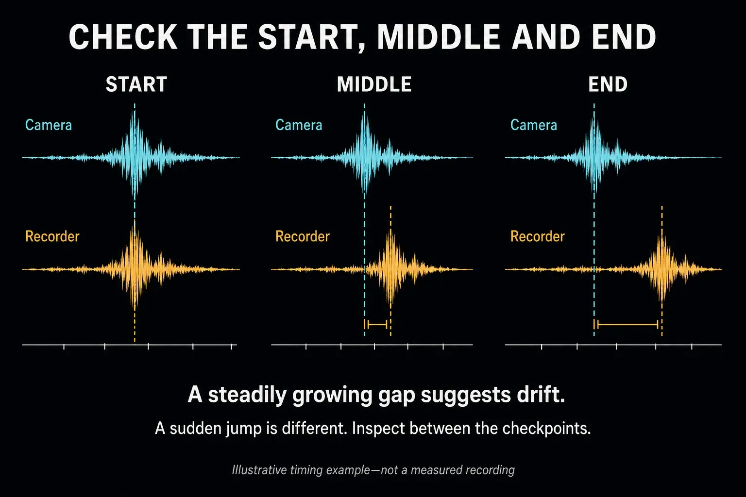 Camera and recorder waveforms aligned at the start with increasing separation at the middle and end