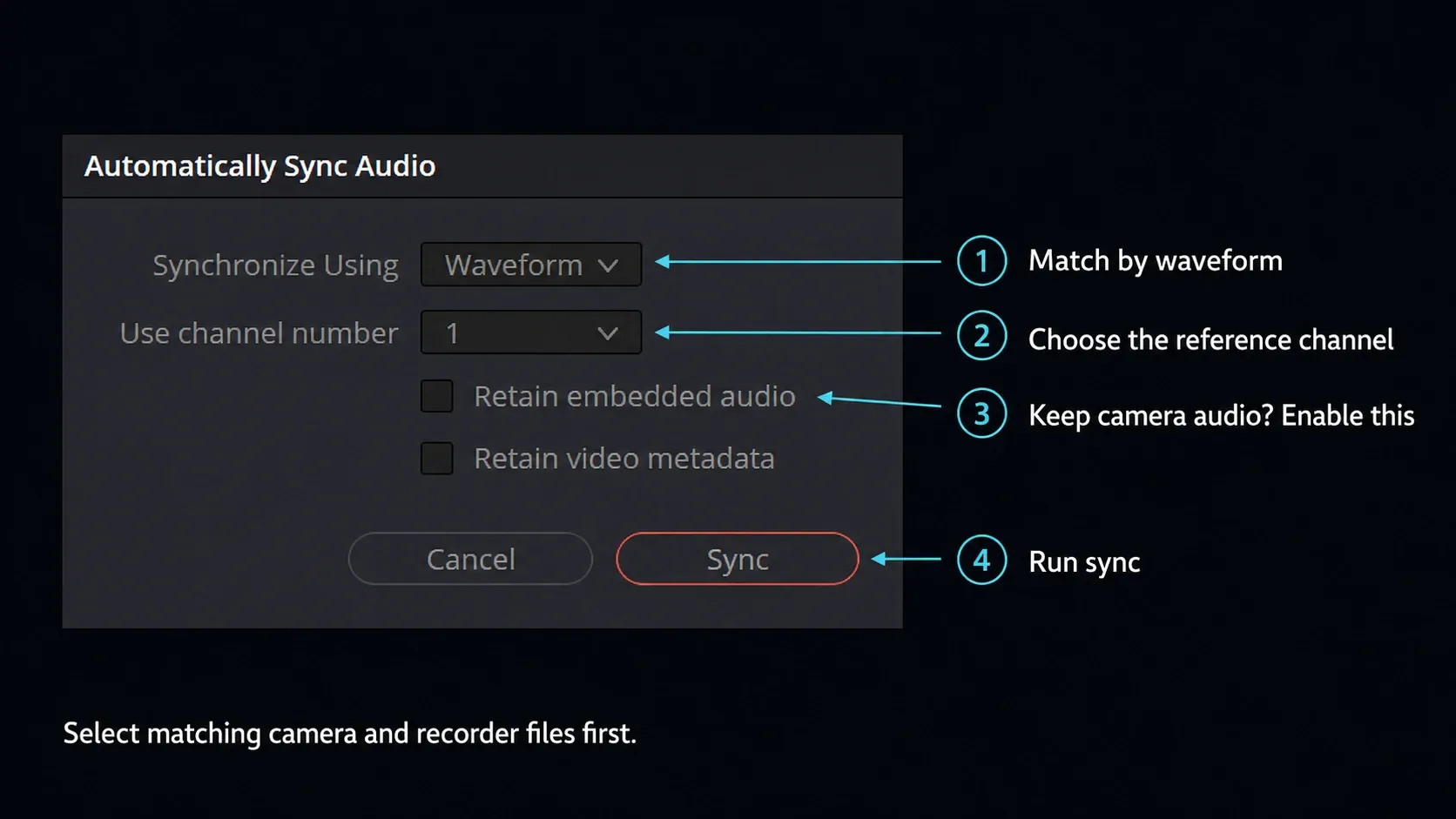Resolve Auto Sync Audio dialog with Waveform, reference-channel selection and retain-audio controls