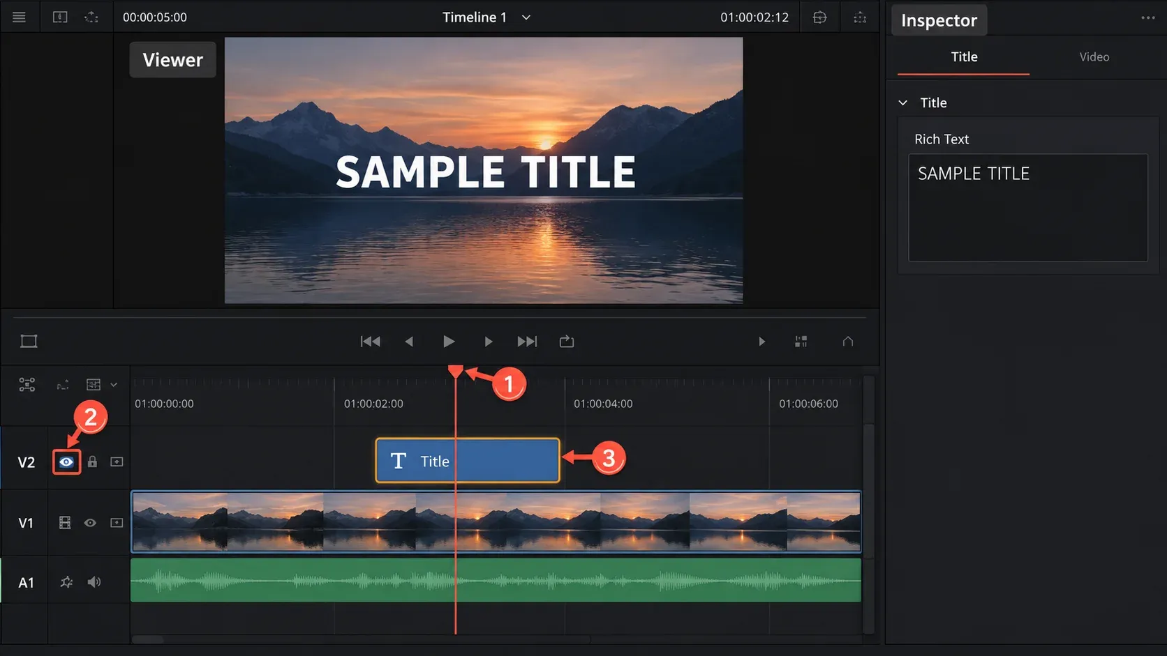 DaVinci Resolve text not showing check with the playhead over an enabled title clip and Rich Text open in the Inspector