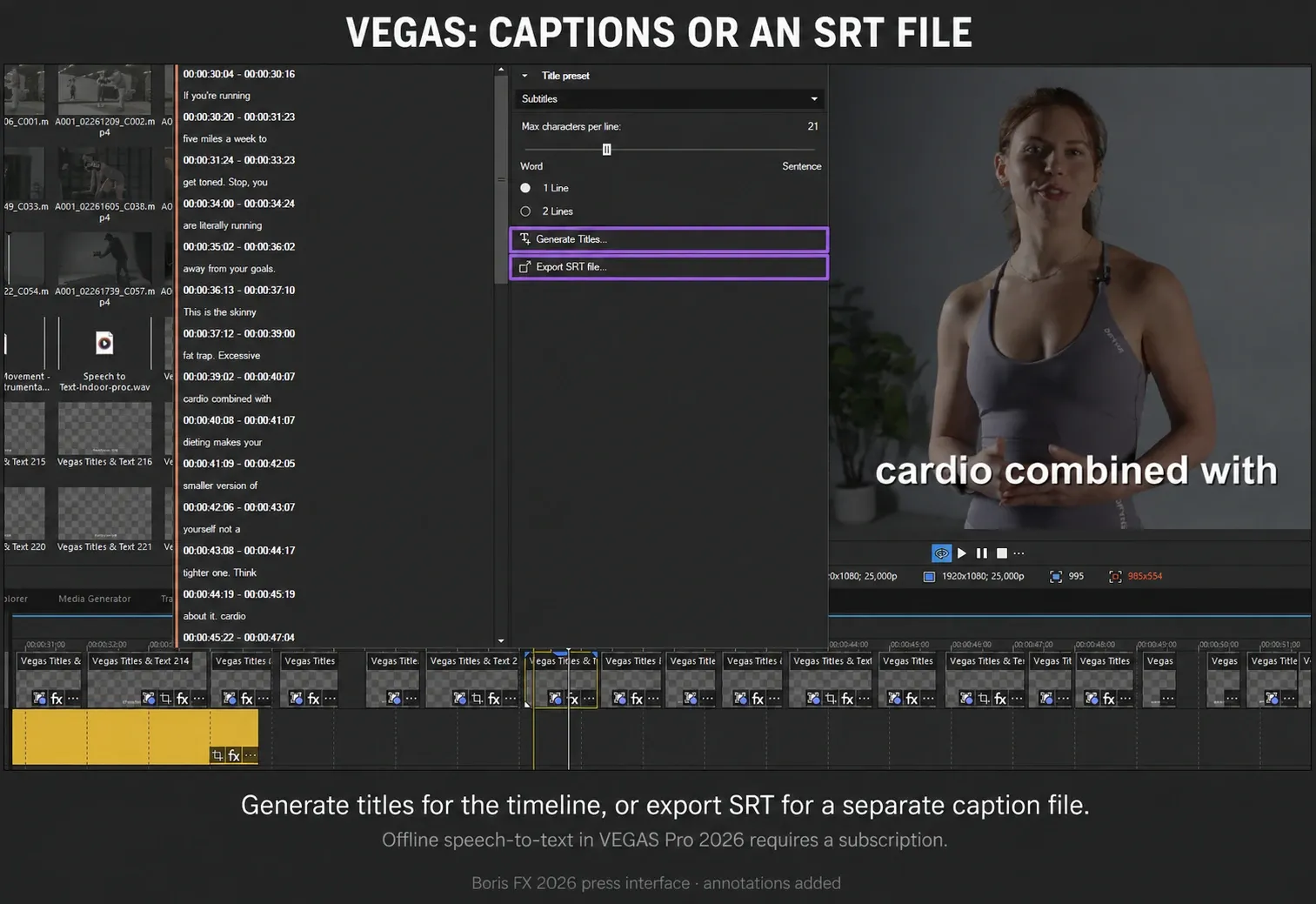 VEGAS Generate Titles and Export SRT controls for two caption delivery options