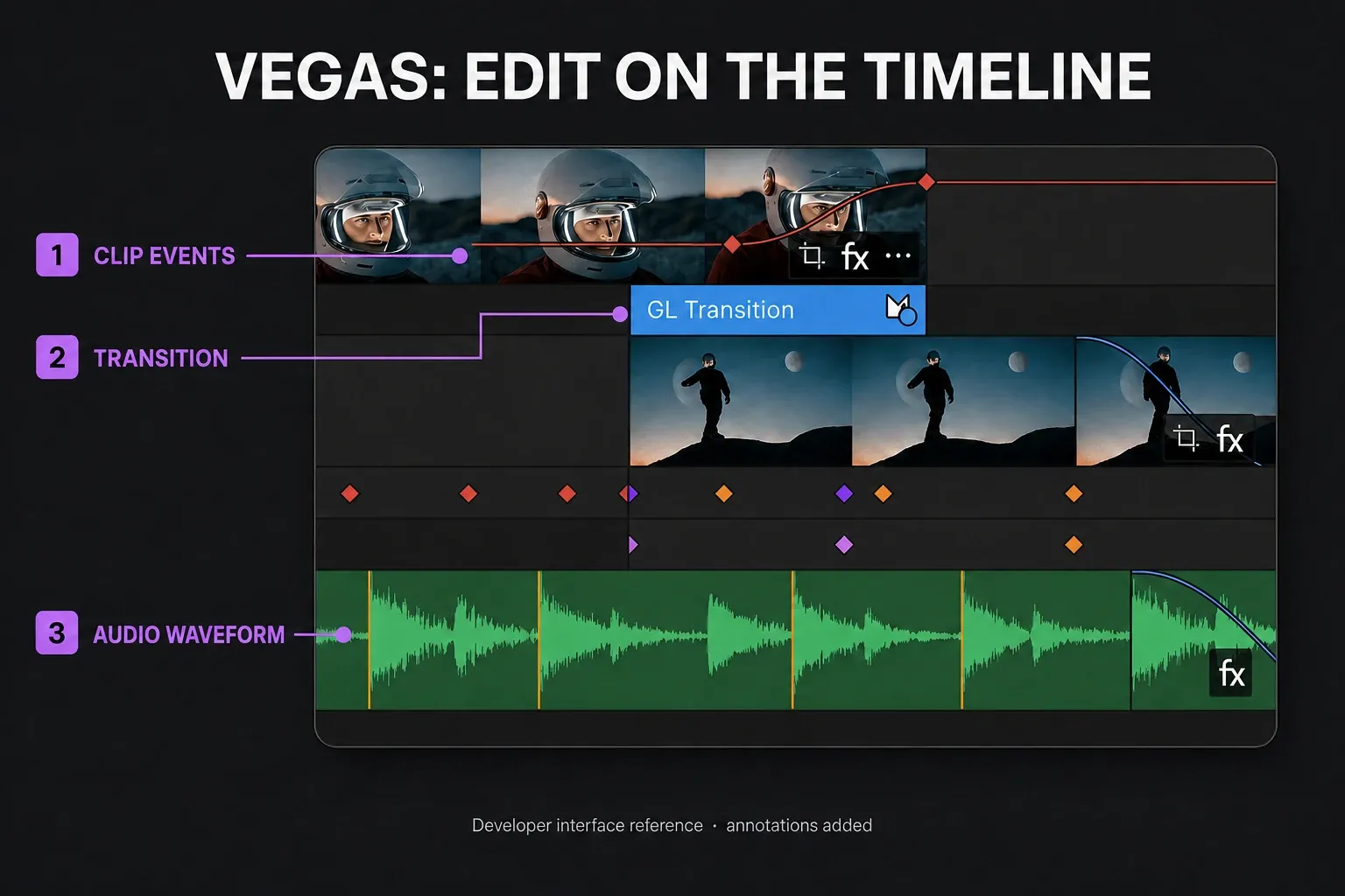 VEGAS timeline clip events, GL Transition and audio waveform identified